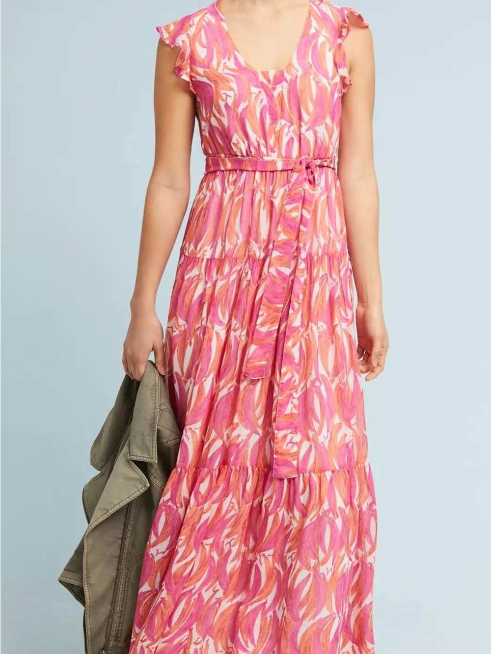 Anthropologie Pink & Coral Printed Maxi Dress